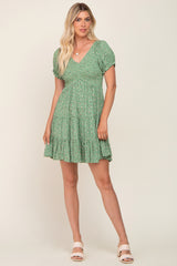 Green Floral Smocked V-Neck Short Sleeve Dress