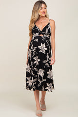 Black Floral Front Twist Maternity Midi Dress