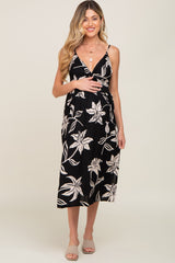 Black Floral Front Twist Maternity Midi Dress