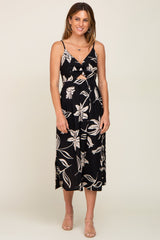 Black Floral Front Twist Midi Dress