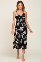 Black Floral Front Twist Midi Dress