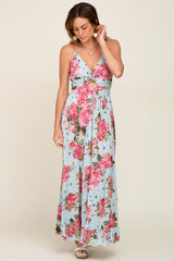 Light Blue Floral Front Twist Maxi Dress