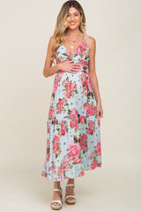 Light Blue Floral Front Twist Maternity Maxi Dress