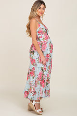 Light Blue Floral Front Twist Maternity Maxi Dress