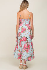 Light Blue Floral Front Twist Maternity Maxi Dress