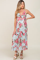 Light Blue Floral Front Twist Maternity Maxi Dress