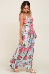 Light Blue Floral Front Twist Maxi Dress