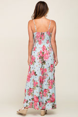 Light Blue Floral Front Twist Maxi Dress