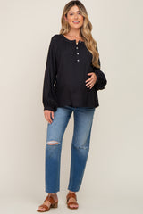 Black Button Front Long Puff Sleeve Maternity Top