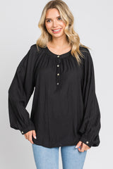 Black Button Front Long Puff Sleeve Maternity Top