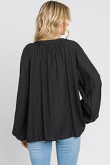 Black Button Front Long Puff Sleeve Top