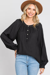 Black Button Front Long Puff Sleeve Top