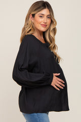 Black Button Front Long Puff Sleeve Maternity Top