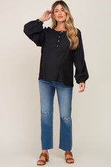 Black Button Front Long Puff Sleeve Maternity Top