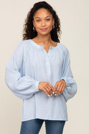 Light Blue Button Front Long Puff Sleeve Top