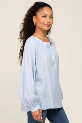 Light Blue Button Front Long Puff Sleeve Top