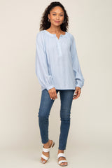 Light Blue Button Front Long Puff Sleeve Top