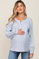 Light Blue Button Front Long Puff Sleeve Maternity Top