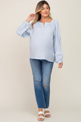 Light Blue Button Front Long Puff Sleeve Maternity Top