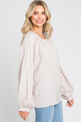 Taupe Button Front Long Puff Sleeve Top