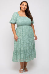 Mint Green Floral Textured Tiered Maternity Plus Midi Dress