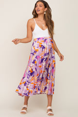 Lavender Printed Satin Pleated Maternity Midi Skirt