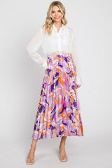 Lavender Printed Satin Pleated Midi Skirt