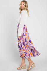 Lavender Printed Satin Pleated Midi Skirt