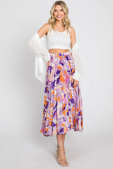 Lavender Printed Satin Pleated Midi Skirt