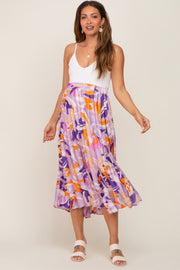 Lavender Printed Satin Pleated Maternity Midi Skirt