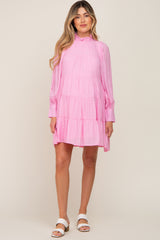 Pink Tiered Long Sleeve Ruffled Maternity Dress