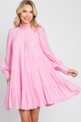 Pink Tiered Long Sleeve Ruffled Maternity Dress