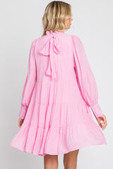 Pink Tiered Long Sleeve Ruffled Dress