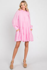 Pink Tiered Long Sleeve Ruffled Dress