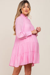 Pink Tiered Long Sleeve Ruffled Maternity Dress