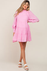 Pink Tiered Long Sleeve Ruffled Maternity Dress