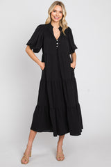 Black Bubble Sleeve Tiered Maternity Midi Dress