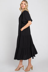 Black Bubble Sleeve Tiered Midi Dress