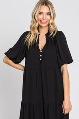 Black Bubble Sleeve Tiered Midi Dress