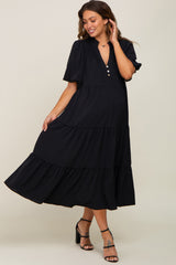 Black Bubble Sleeve Tiered Maternity Midi Dress