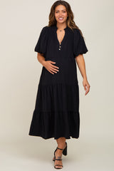 Black Bubble Sleeve Tiered Maternity Midi Dress