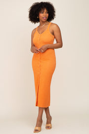 Orange Waffle Knit Snap Front Button Midi Dress