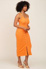 Orange Waffle Knit Snap Front Button Midi Dress