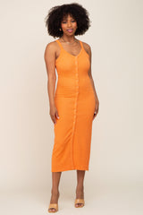 Orange Waffle Knit Snap Front Button Midi Dress