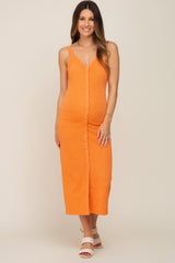 Orange Waffle Knit Snap Front Button Maternity Midi Dress