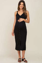 Black Waffle Knit Snap Front Button Maternity Midi Dress