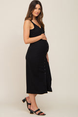 Black Waffle Knit Snap Front Button Maternity Midi Dress