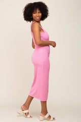 Pink Waffle Knit Snap Front Button Midi Dress