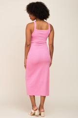 Pink Waffle Knit Snap Front Button Midi Dress