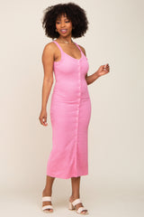 Pink Waffle Knit Snap Front Button Midi Dress